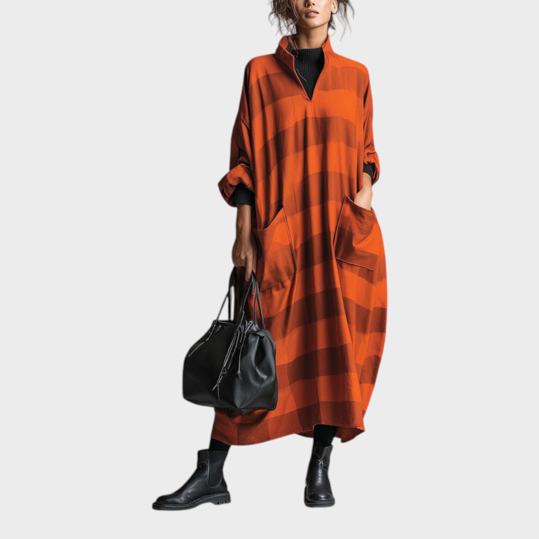 Brenda | Vintage Fashion Oversized Relaxed V-Neck Large Pockets Orange and Brown Wide Striped Maxi Dress