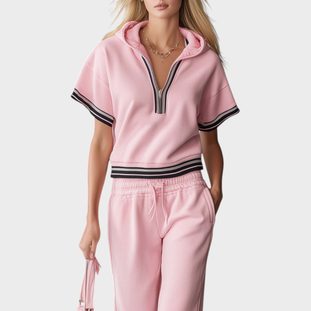Zahra | Elegant Fashion Sporty Hooded Front Zipper Short-sleeved Pink Cotton Top And Pants Set