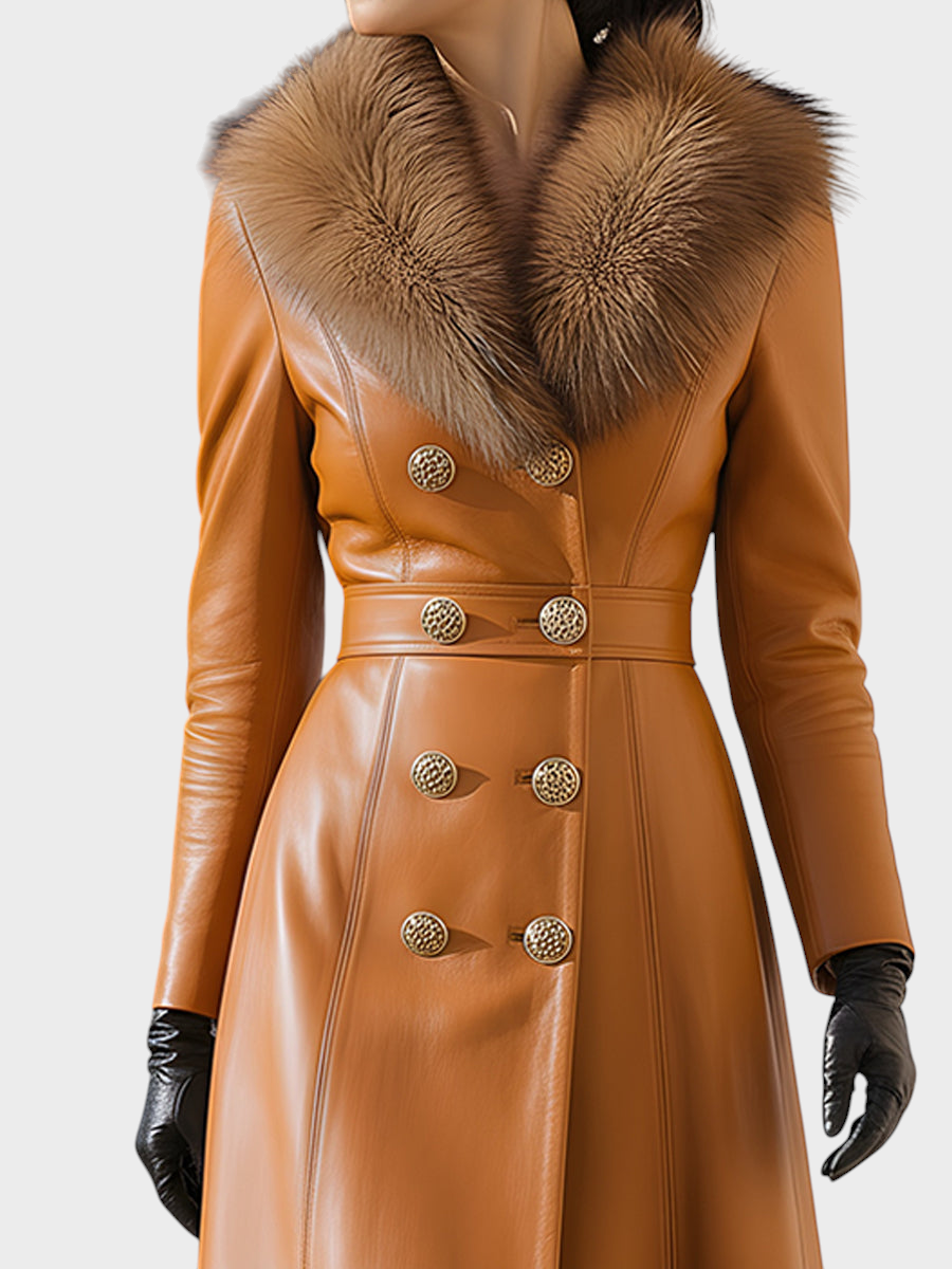 Felicia | Caramel Double-Skinned Leather Jacket with Fur Collar
