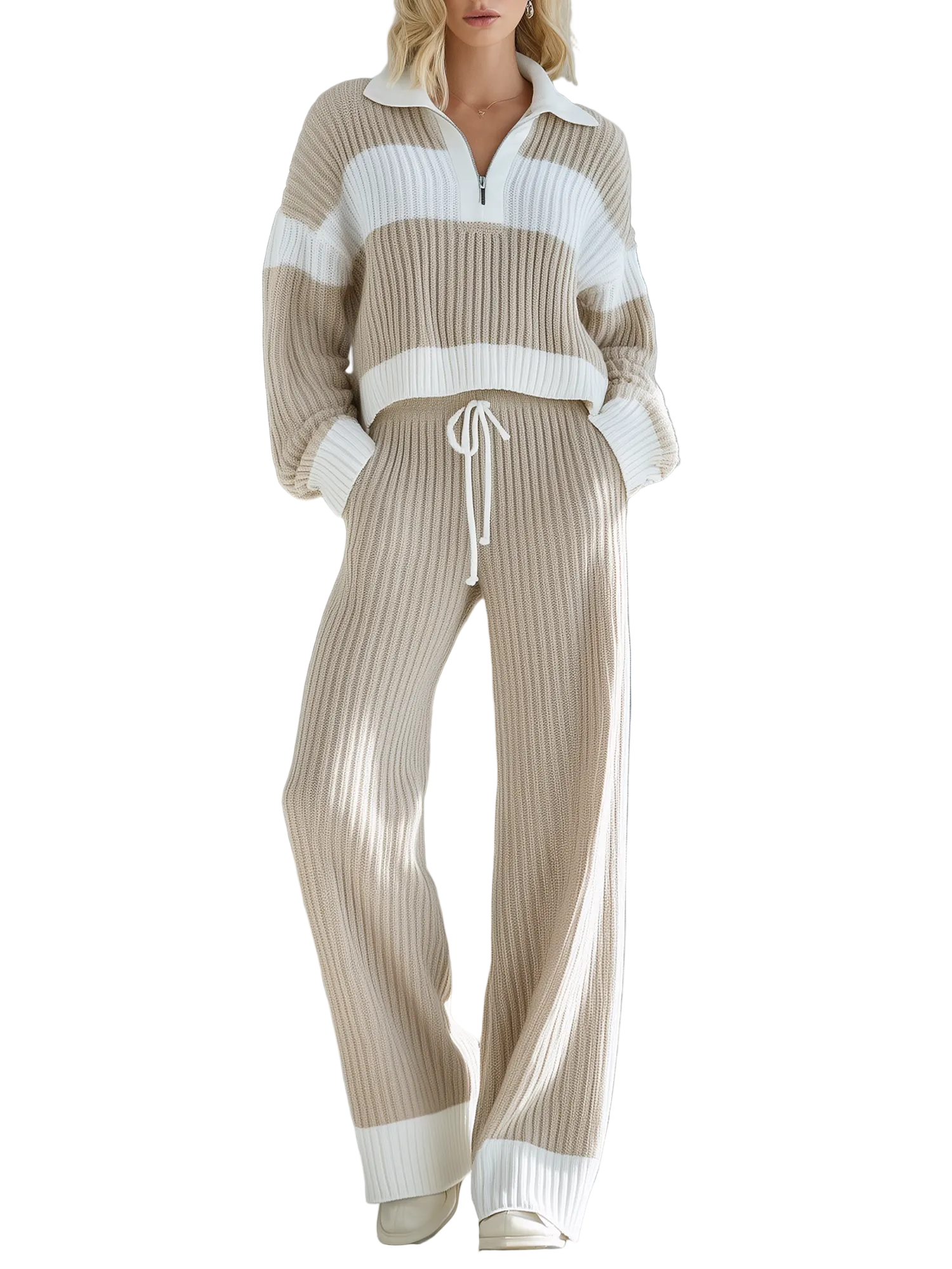 Marisol - Women's Beige And White Striped Knitted Collared Half-zip Casual Set