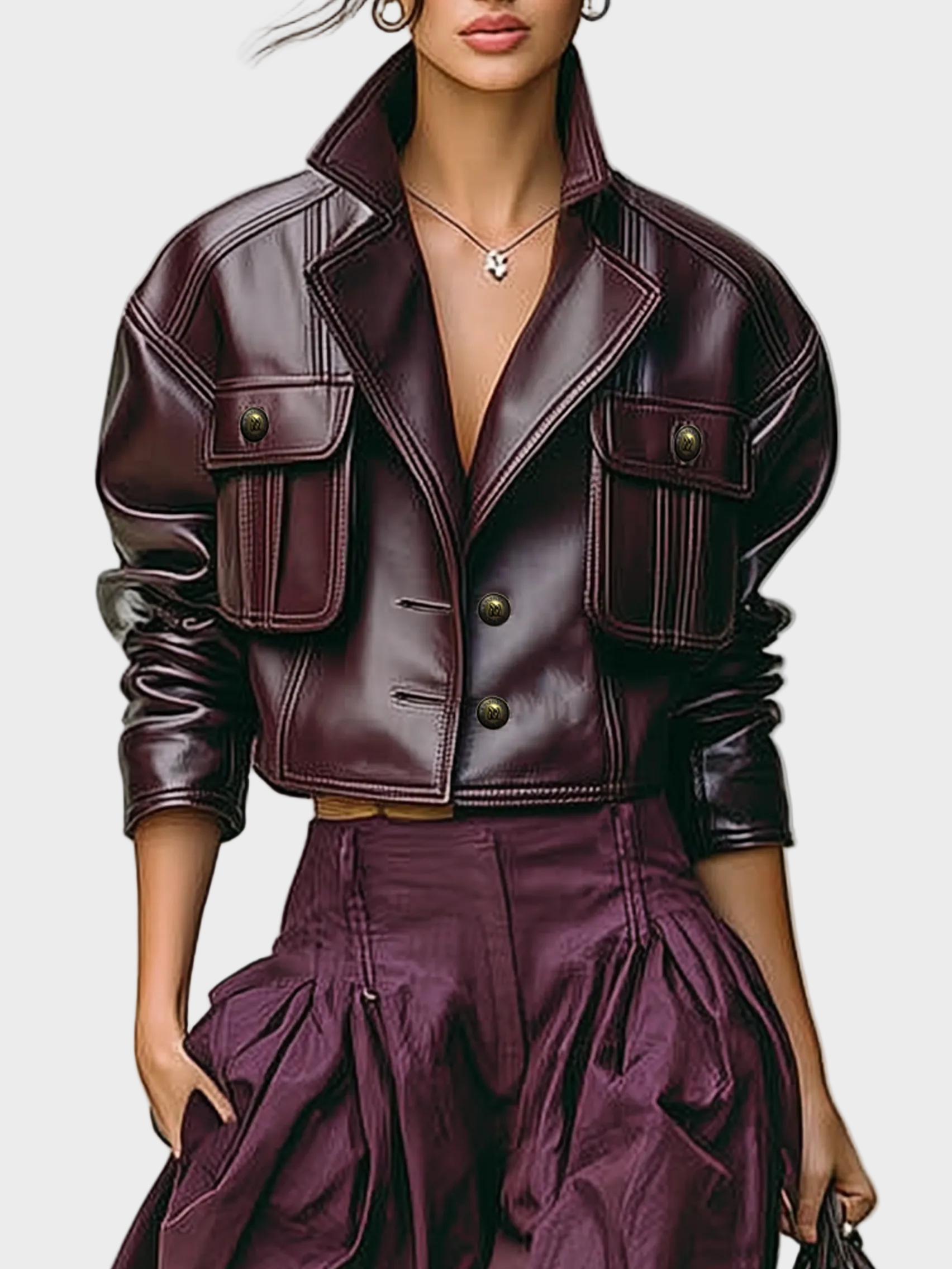 Rafaella | Women's Loose PU Leather Short Double Chest Pocket Jacket MDA1666I2Y
