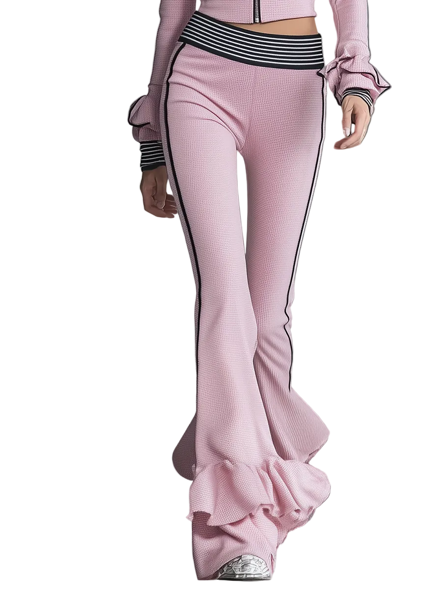 Mani - Elegant Sporty Black-trimmed Pink Flared Pants Set