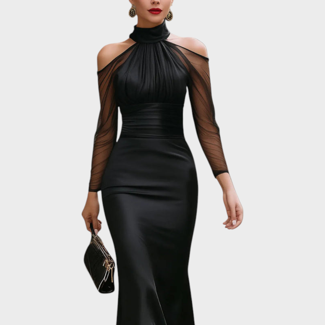 Sanya | Elegant Satin Midi Dress with Cold Shoulders