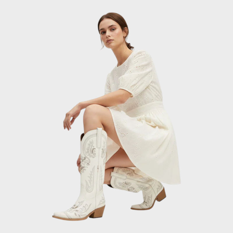 Zaira | Aurelia Women's Cowboy Boots - Ivory Pearl with Snip Toe & Floral Embroidery
