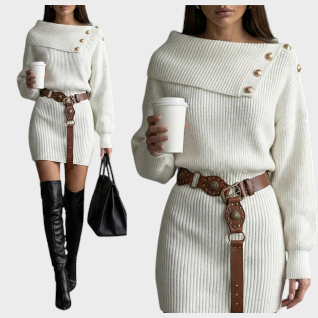 Chrisanthi | Fashion Dress with Button, Notched Neckline, Batwing Sleeves