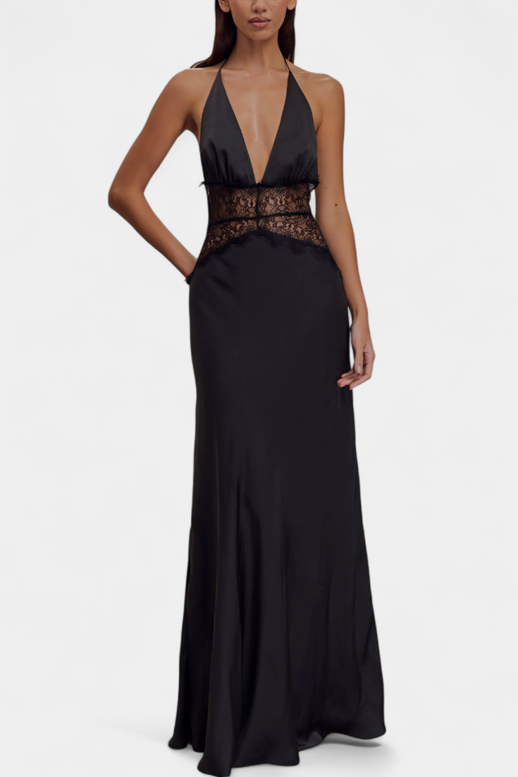 Ashanty Long Dress with Neckline and Sheer Lace at the Waist