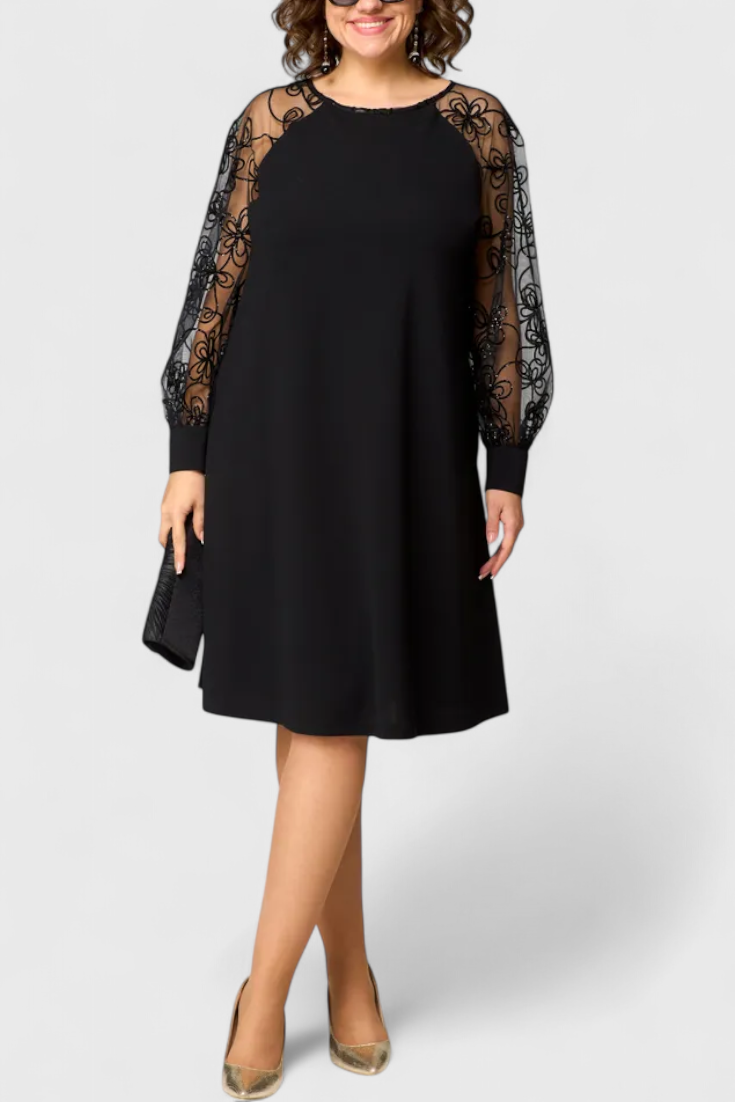Bellezza Lace Dress with Long Sleeves and Round Neckline