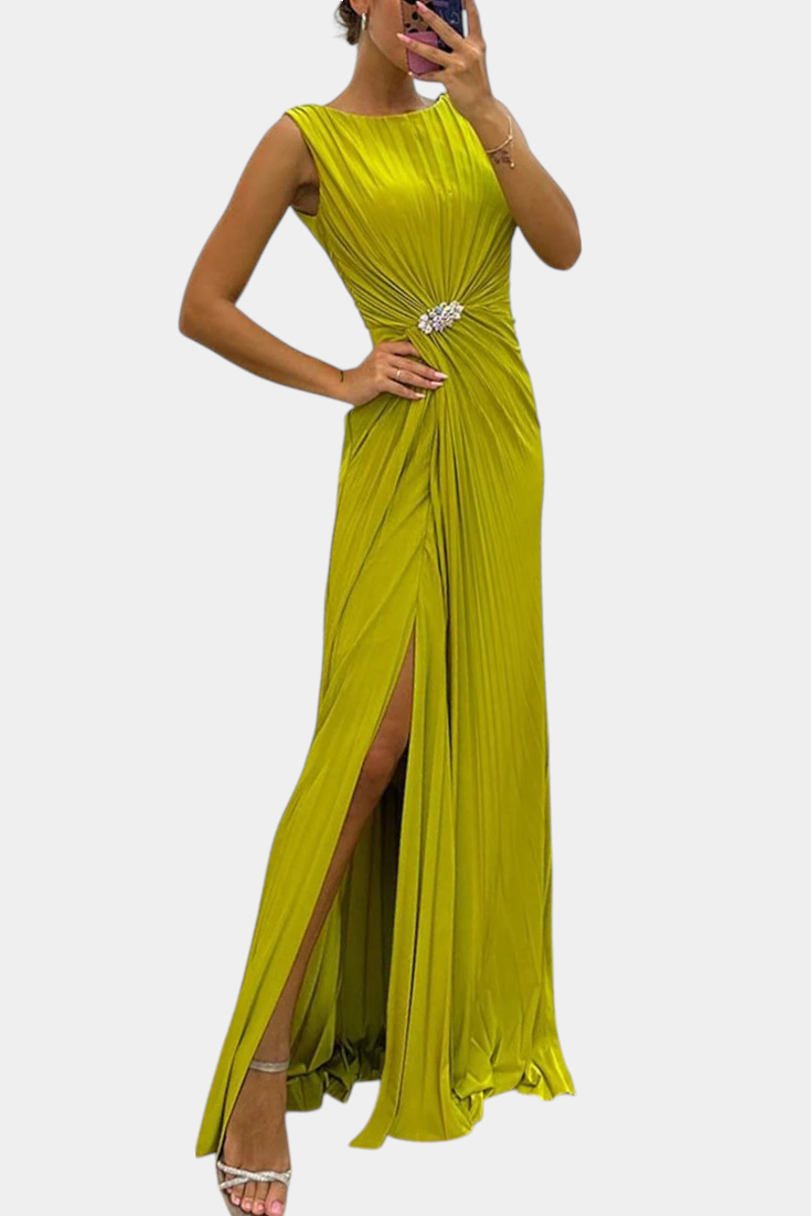 Shiloh Pleated Maxi Dress with Side Slit and Crisscross Neckline