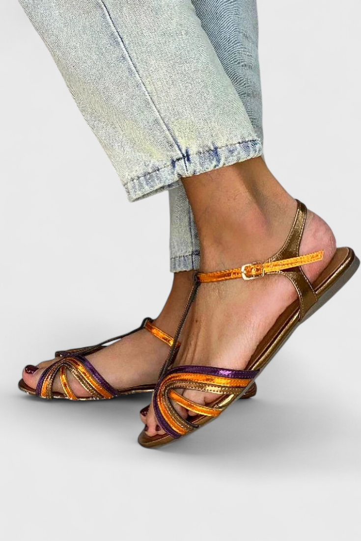 Raluca Gold sandals with colorful strap and buckle