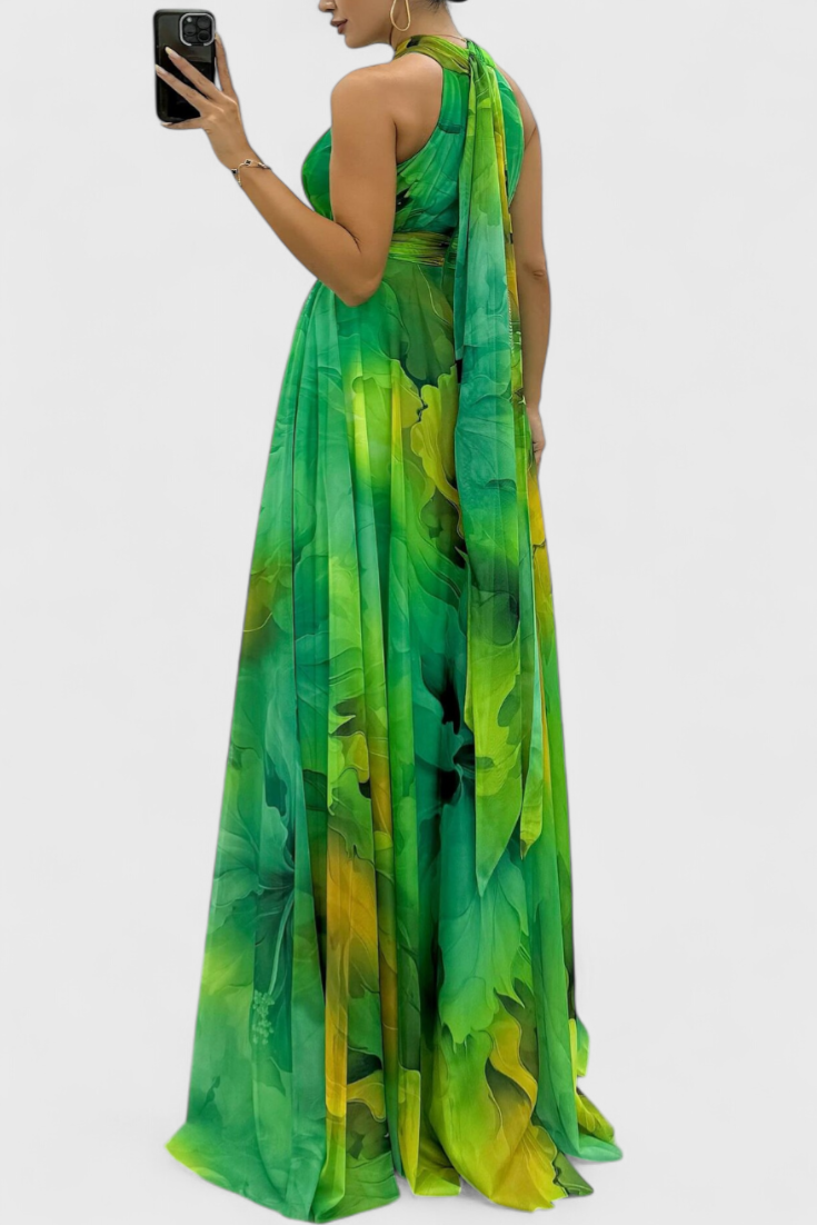 Floral Chiffon Maxi Dress with Tie Neck