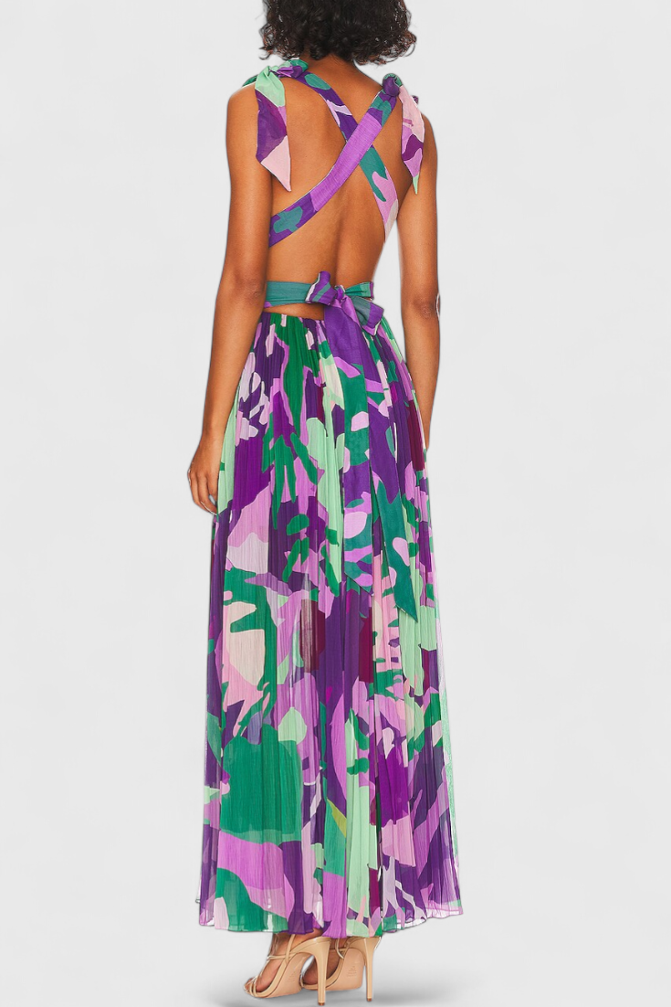 Cecil - Pleated Long Dress with Watercolor and Open Back
