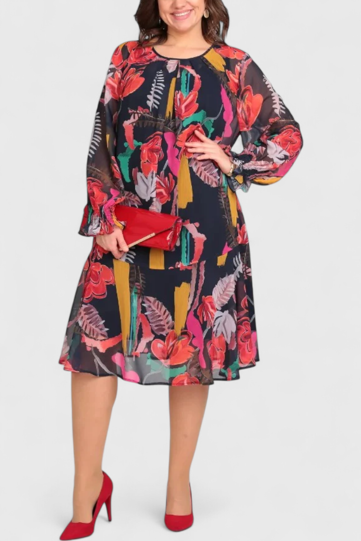 Annegret Floral Midi Dress with Long Sleeves and Flowing Line