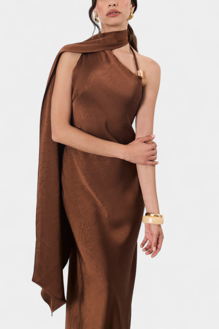 Robina Long Asymmetrical Dress in Bronze