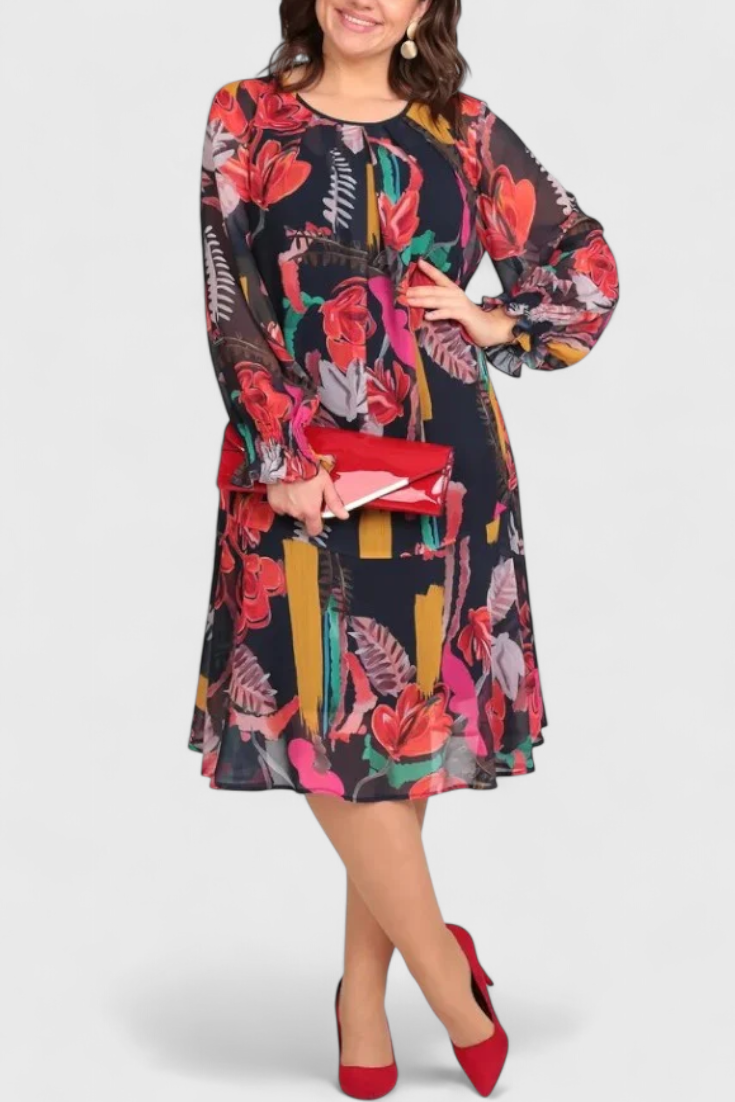 Annegret Floral Midi Dress with Long Sleeves and Flowing Line