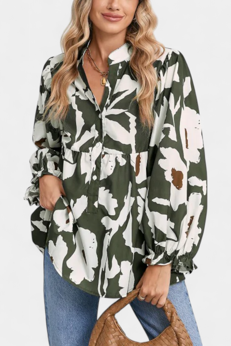 Filomena Blouse with Half Buttons, Puff Sleeves and Abstract Floral Pattern