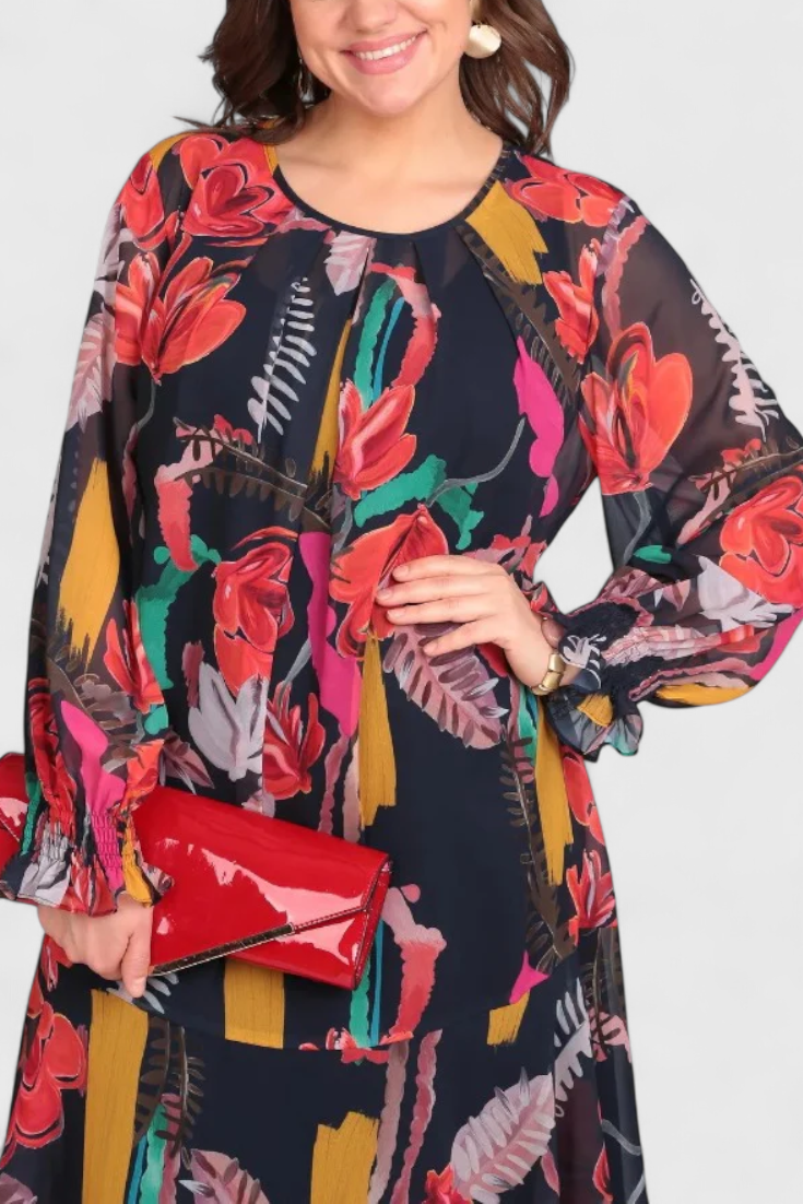 Annegret Floral Midi Dress with Long Sleeves and Flowing Line