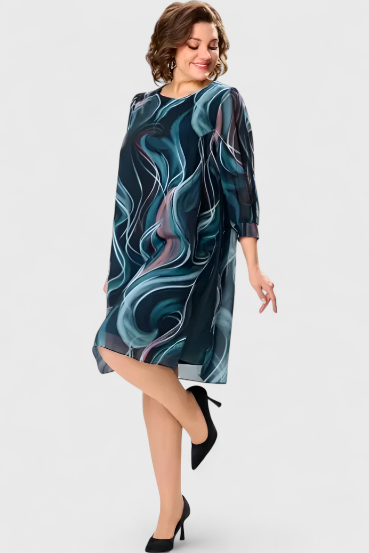 Almira Chiffon Dress with Ocean Whirl Print and Flowing Line