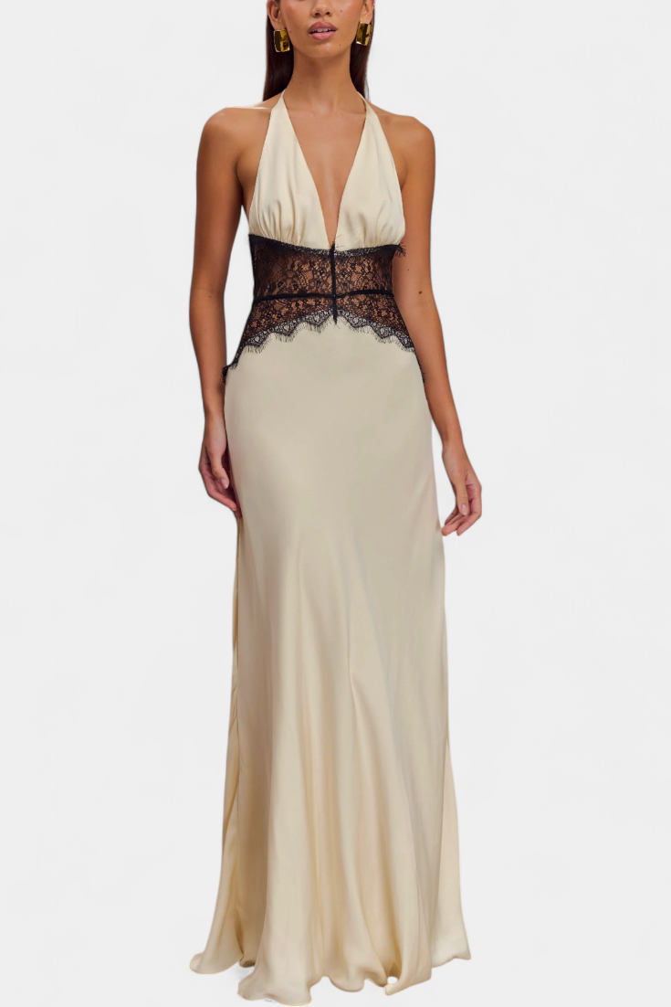 Ashanty Long Dress with Neckline and Sheer Lace at the Waist