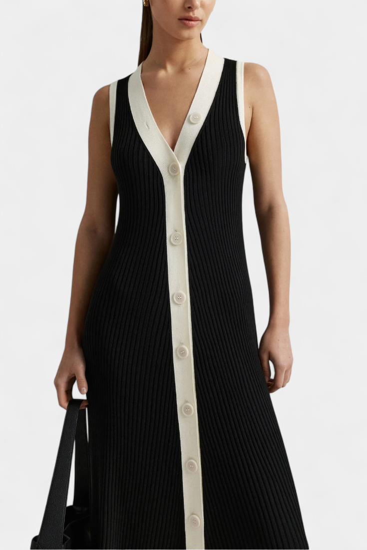 Brielle Sleeveless Knitted Dress with V-Neck and Contrast Buttons