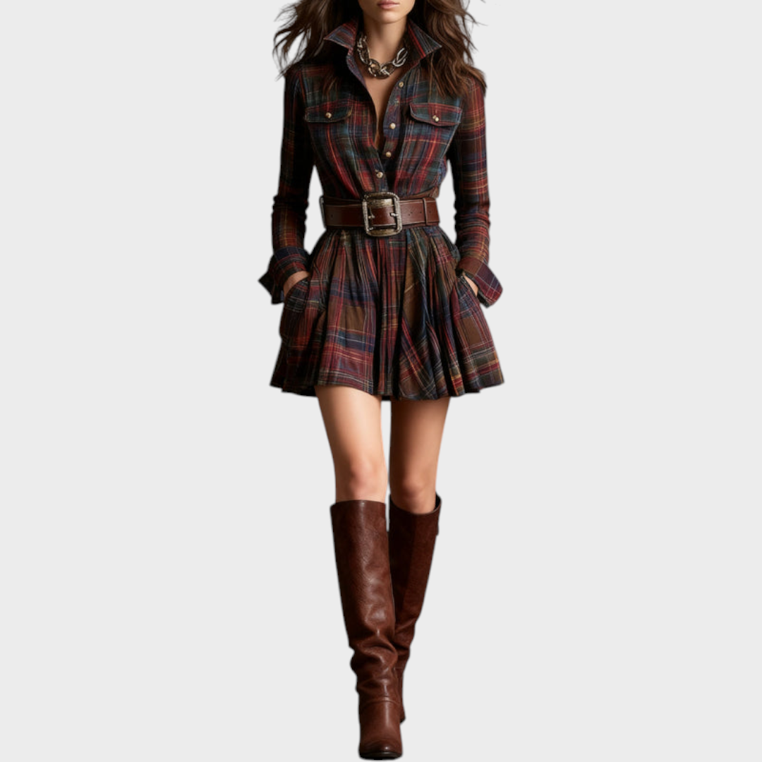 Brenna | Vintage Mini Dress with Collar in Red and Brown Check (Includes belt)