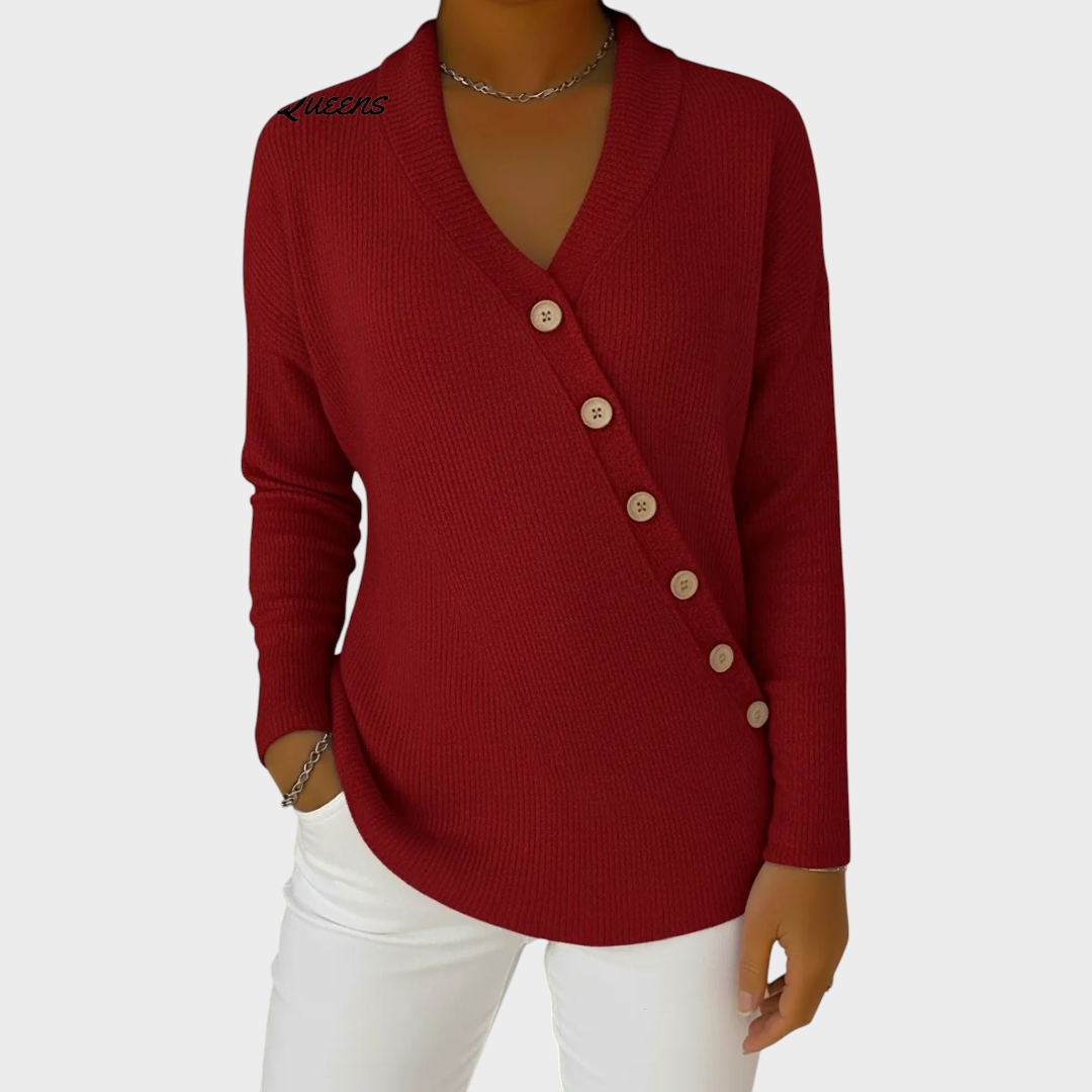 Rizza | Casual solid color sweater with V-neck and slanted buttons