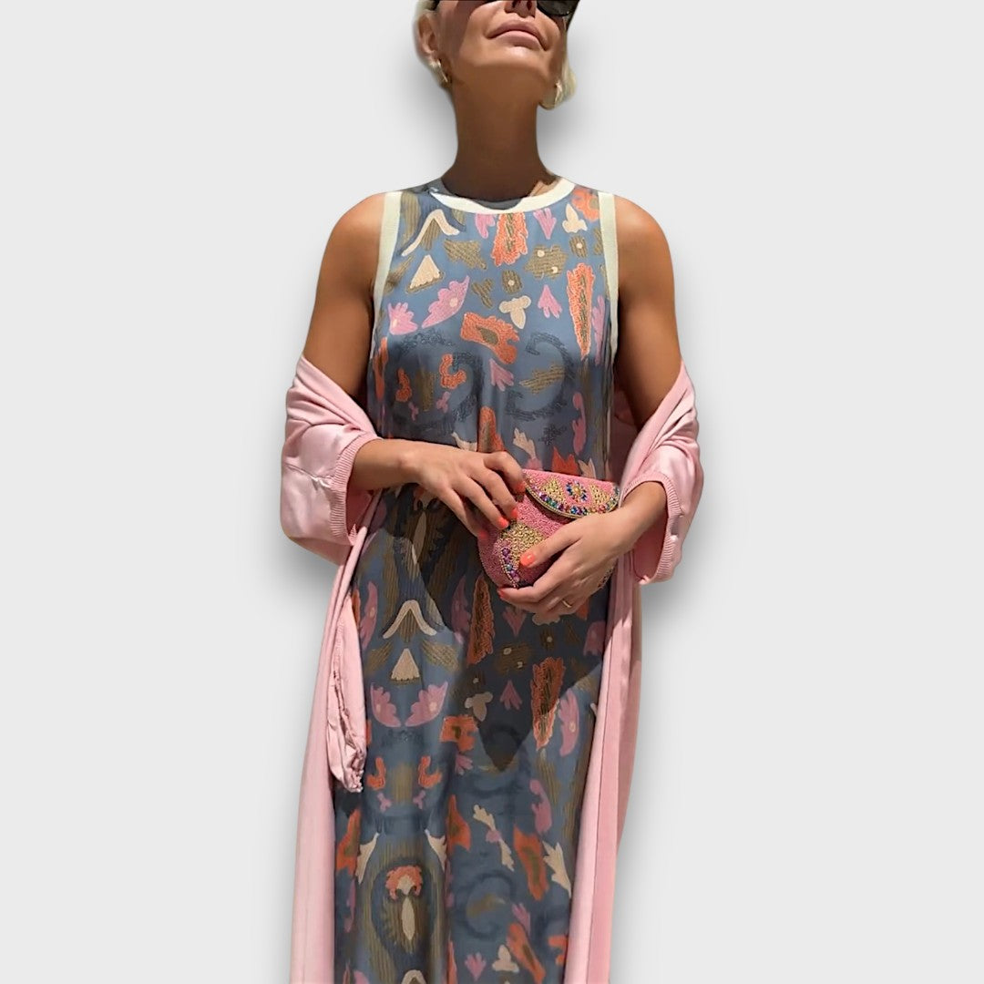 Long Dress with Floral Pattern & Airy Cardigan