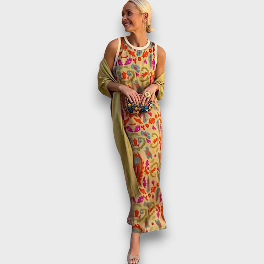 Long Dress with Floral Pattern & Airy Cardigan