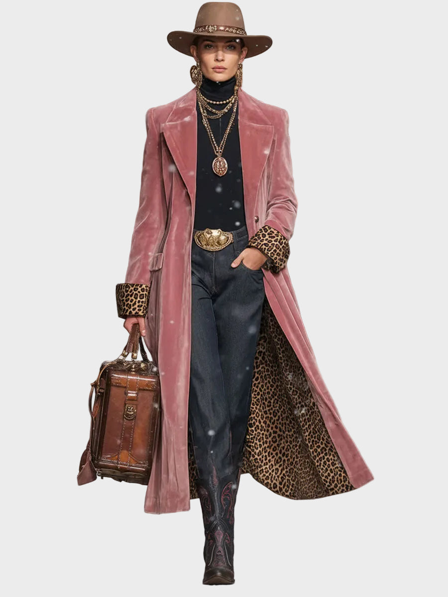 Sonia |Velvet Single-Breasted Coat with Lapel and Leopard Print